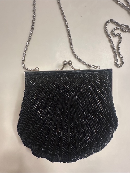 Apt. 9 Handbags - Apt. 9 Black Beaded Kiss-Lock Evening Clutch with Silver Chain
